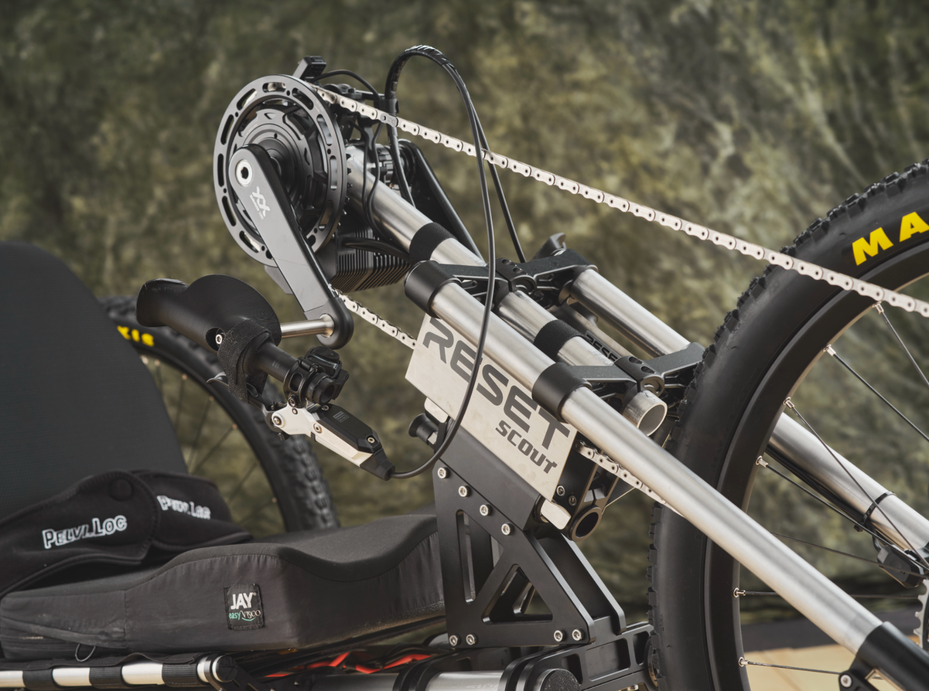 Close-up of the RESET Scout adaptive handcycle drivetrain and frame details